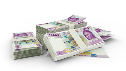 3d rendering of Stack of 10000 Central African CFA franc notes. bundles of Central African currency notes isolated on white background