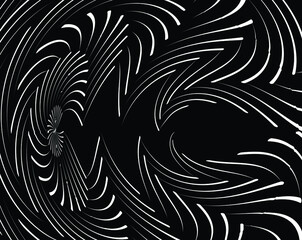  Line art optical art. Psychedelic background. Monochrome background. Optical illusion style. Black dark background. Modern pattern. Abstract graphic texture. Graphic ornament. Vector template