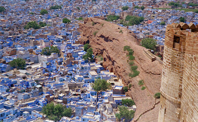 aerial view of jodhpur india with lots of blue houses, blue city