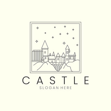 castle with line and emblem style logo icon template design. dream, fantasy, world, star, moon vector illustration
