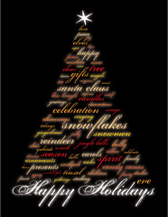 merry christmas and other words in red that make an abstract christmas tree