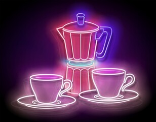 Glow Cup of Coffee and Geyser Coffee Maker. Cafe Label, Morning Drink. Neon Poster, Flyer, Banner, Invitation. Brick Wall. Vector 3d Illustration