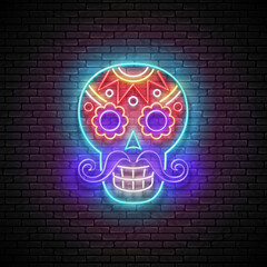 Dia de Los Muertos Greeting Card Template with Sugar Male Skull, Calavera. Day of the Dead Postcard. Shiny Neon Poster, Flyer, Banner, Postcard, Invitation. Brick Wall. Vector 3d Illustration
