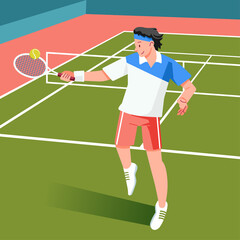 a tennis player is preparing to hit a tennis ball in a match in the green tennis court vector illustration