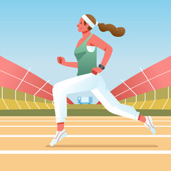 a young female athlete running inside the stadium, wearing casual outfit flat vector illustration