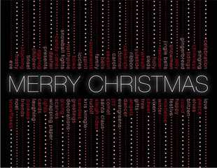 Merry Christmas words glowing on a black background and other holiday words