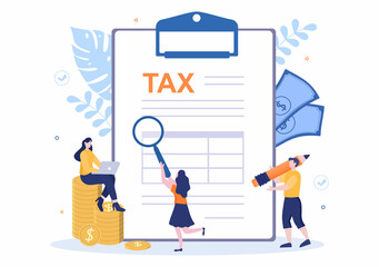 Tax Form of State Government Taxation with Forms, Calendar, Audit, Calculator or Analysis to Accounting and Payment in Flat Background Illustration