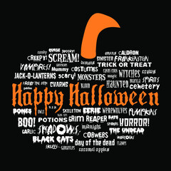 happy halloween and other scary words in the shape of a pumpkin on a black background