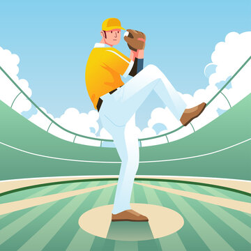 Pitcher is ready to throw the ball on the baseball match in the stadium vector illustration