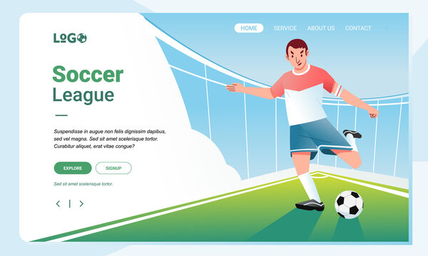 Soccer league banner image illustration template, young man ready to kick soccer ball in the field