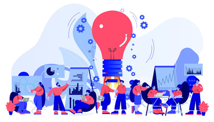 Obraz premium Vector flat illustration.businessperson work in open space office.workplace for teamwork.meeting and freelance job. 