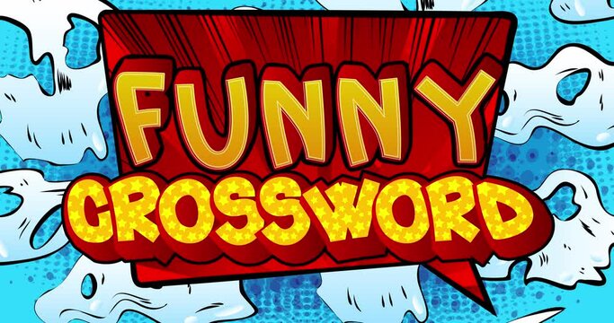 Funny Crossword. Manga cartoon intro stock video. 4k animated words moving on abstract comics background. Retro pop art style.