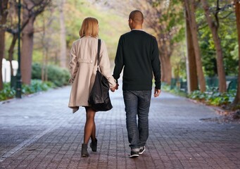 Fototapeta premium This is what love is all about. Full length rearview shot of a young couple walking hand in hand in a park.