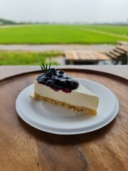 Blueberry Cheesecake The base is made of pie crust. The cake is made from cheese. decorated with rosemary leaves Placed in a white plate, on a wooden tray, behind a green field.