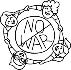 slogan is No war. Joyful protesting people. Friendly men and women for world peace, contour illustration in doodle style. Hand drawn Round Dance, hugs of happy peaceful people