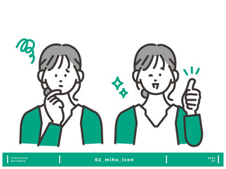 悩んでいる表情と笑顔の表情の女性アイコンイメージ素材