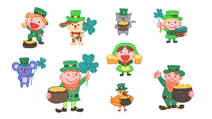 St Patricks Day three leaf clover oil pastel crayon doodle hand-drawn illustration