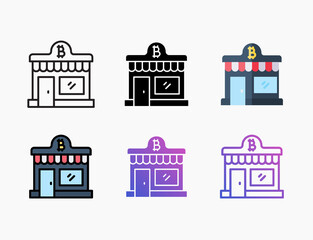 Store Bitcoin market shop icon set with different styles. Style line, outline, flat, glyph, color, gradient. Editable stroke and pixel perfect.
