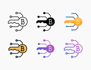 Digital key secure bitcoin icon set with different styles. Style line, outline, flat, glyph, color, gradient. Editable stroke and pixel perfect.