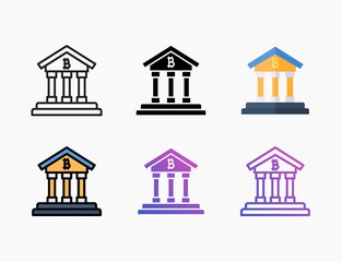 Bank bitcoin icon set with different styles. Style line, outline, flat, glyph, color, gradient. Editable stroke and pixel perfect. Can be used for digital product, presentation, print design and more.
