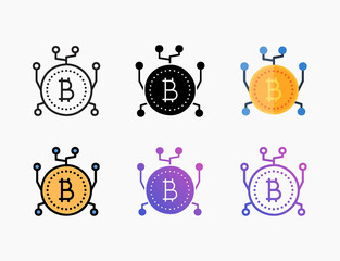 Digital bitcoin icon set with different styles. Style line, outline, flat, glyph, color, gradient. Editable stroke and pixel perfect.