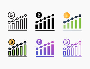 Growth up bitcoin chart bar icon set with different styles. Style line, outline, flat, glyph, color, gradient. Editable stroke and pixel perfect.