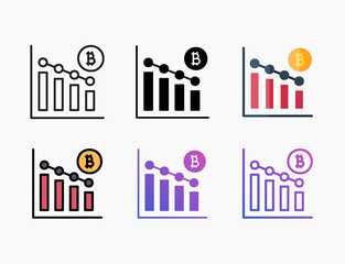 Drop Bitcoin chart bar icon set with different styles. Style line, outline, flat, glyph, color, gradient. Editable stroke and pixel perfect.