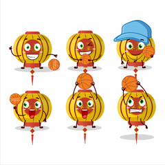 Talented yellow chinese lamp cartoon character as a basketball athlete