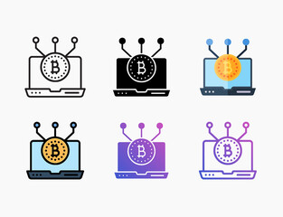 Laptop bitcoin monitor icon set with different styles. Style line, outline, flat, glyph, color, gradient. Editable stroke and pixel perfect.