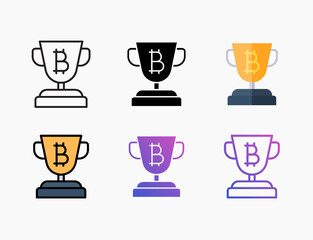 Trophy bitcoin icon set with different styles. Style line, outline, flat, glyph, color, gradient. Editable stroke and pixel perfect.