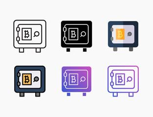 Safebox bitcon icon set with different styles. Style line, outline, flat, glyph, color, gradient. Editable stroke and pixel perfect. Can use for digital product, presentation, or print design.