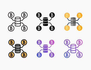 Database server bitcoin icon set with different styles. Style line, outline, flat, glyph, color, gradient. Editable stroke and pixel perfect. Can use for digital product, presentation, or print design