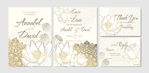 Floral wedding card vector template, save the date, thank you, Rsvp postcard. Invitation design with Mandala and lotus.