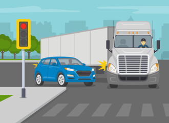 Safety driving and traffic regulation rules. Big american semi-truck turning right on a city crossroad. Blue suv car trying to overtake the truck. Flat vector illustration template. - obrazy, fototapety, plakaty