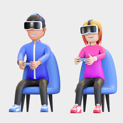couple wearing virtual reality headset and playing game illustration 3d render