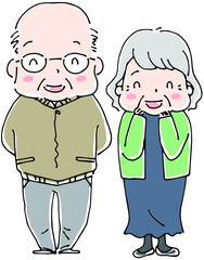 並んで立つおじいさんとおばあさんの全身