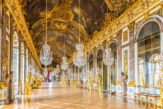 VERSAILLES, FRANCE - MAY 25 2016: The Hall of Mirrors (Galerie des Glaces) of the Royal Palace of Versailles in France. The Royal Palace of Versailles is on the UNESCO World Heritage List.