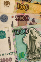 Fototapeta na wymiar Russian Ruble Banknotes Inflation 1000 500 100 50 Macro Shot Close Up