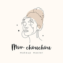 Logo design for makeup artist or master. Abstract woman face with closed eyes. Hand drawn outline female silhouette. Vector illustration in one line drawing style.