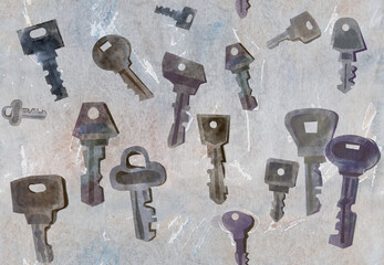 Seamless watercolor pattern with metal keys randomly scattered