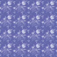 Floral seamless pattern. Lilac flowers of dahlia, gladiolus and iris on a lilac background. Very Peri Color of the Year 2022.