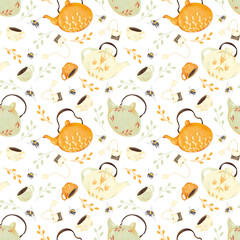 Watercolor tea mood seamless pattern with illustration of kettle, tea bag, cup, bee and branch in vintage style for fabrics, paper, textile, gift wrap isolated on white background. Teapot, breakfast.