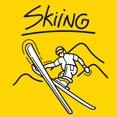 Hand drawn skiing player athlete design vector. Extreme action jump skier. Winter sport banner poster template.