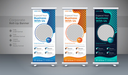 Abstract Modern Roll-up banner design stands template layout. Corporate business pull-up banner for exhibition. editable roll-up banner vector template. paper shapes design vector illustration