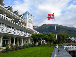 Lofthus, Norway - August 26, 2017: Beautiful view of the hotel grounds on the shores of the fjord in the Hardanger region.