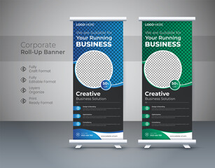 Corporate business pull-up banner design stands template layout for exhibition. editable roll-up banner vector template.