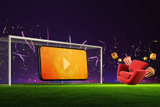 watch football private at home entertainment online streaming mobile phone internet with goal sports soccer confetti celebration sofa armchair in football field. object clipping path. 3D Illustration.