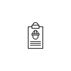 Document on clipboard sign. Vector outline symbol in flat style. Suitable for web sites, banners, books, advertisements etc. Line icon of builder in helmet on clipboard