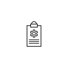 Document on clipboard sign. Vector outline symbol in flat style. Suitable for web sites, banners, books, advertisements etc. Line icon of gear on clipboard