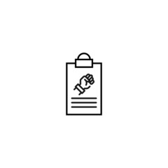 Document on clipboard sign. Vector outline symbol in flat style. Suitable for web sites, banners, books, advertisements etc. Line icon of fist on clipboard